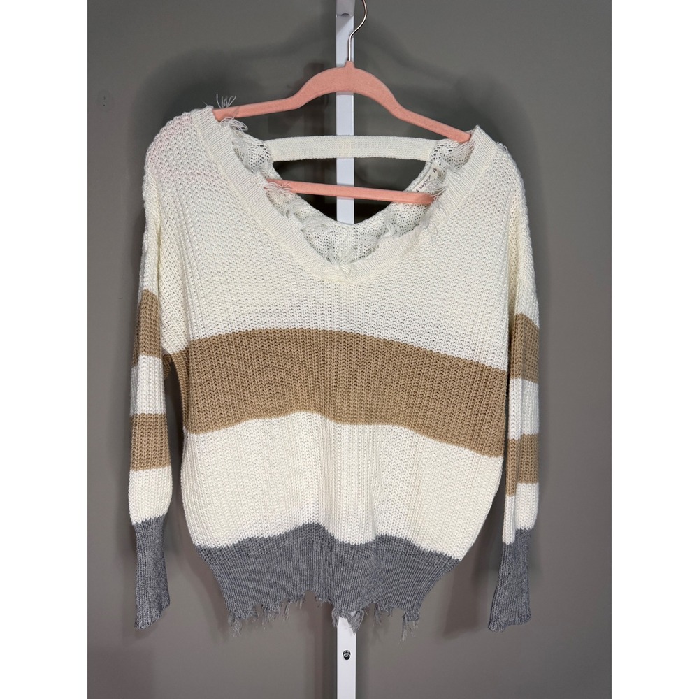 Moon & Madison Distressed Striped Sweater XS Cutout Back Fringe Hem Grunge Cozy